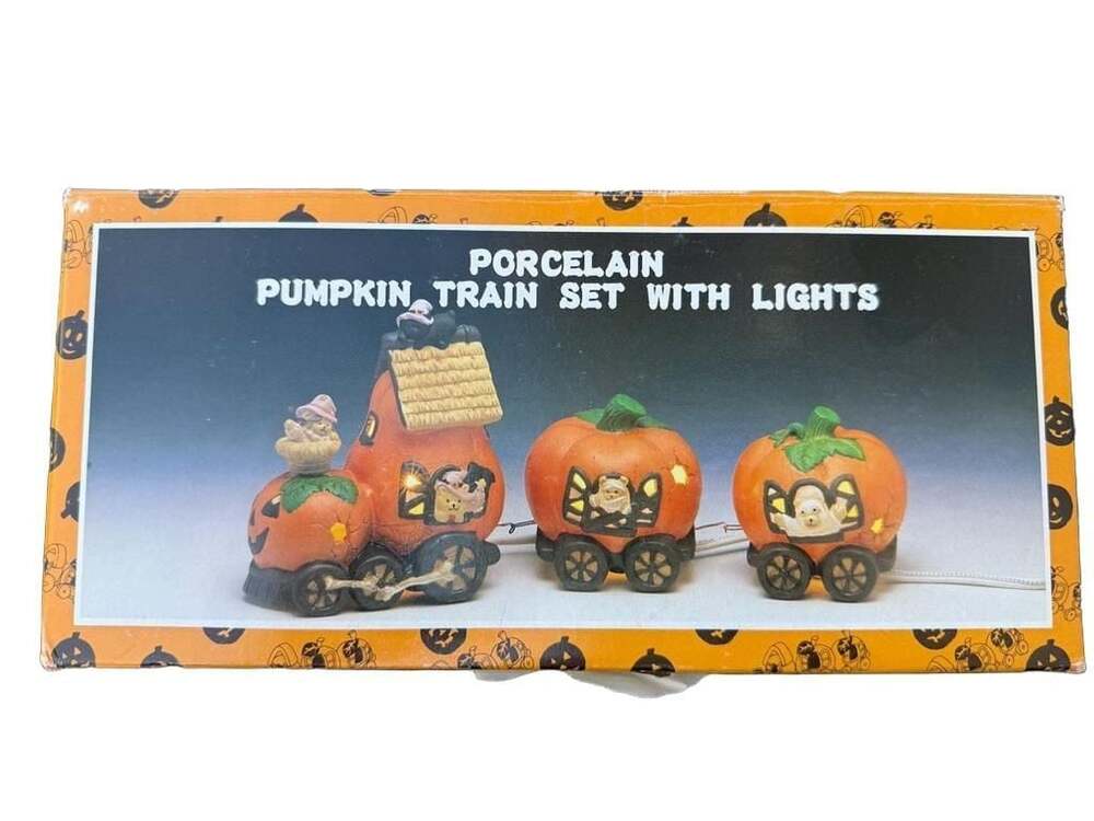 Porcelain Pumpkin Train Set With Lights Halloween Decor
